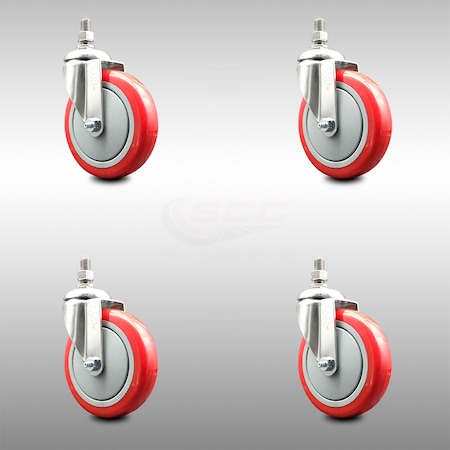 5 Inch 316SS Red Polyurethane Wheel Swivel 3/8 Inch Threaded Stem Caster Set